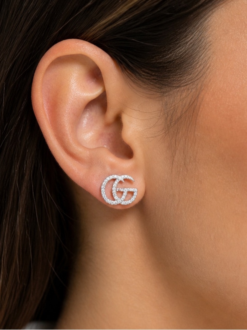 Crystal Double G Logo Stud Earrings in Silver Tone